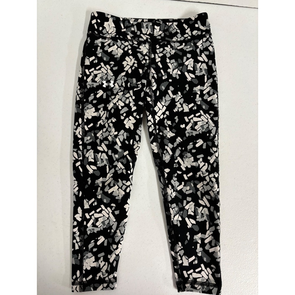Under Armour Girls HeatGear Leggings Black White Mosaic Confetti Print Size YSM